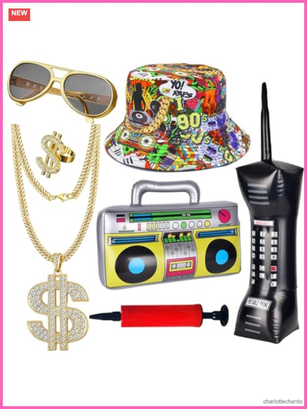 7 Pc 90s Hip Hop Rapper Costume Accessory Set Inflatable Props